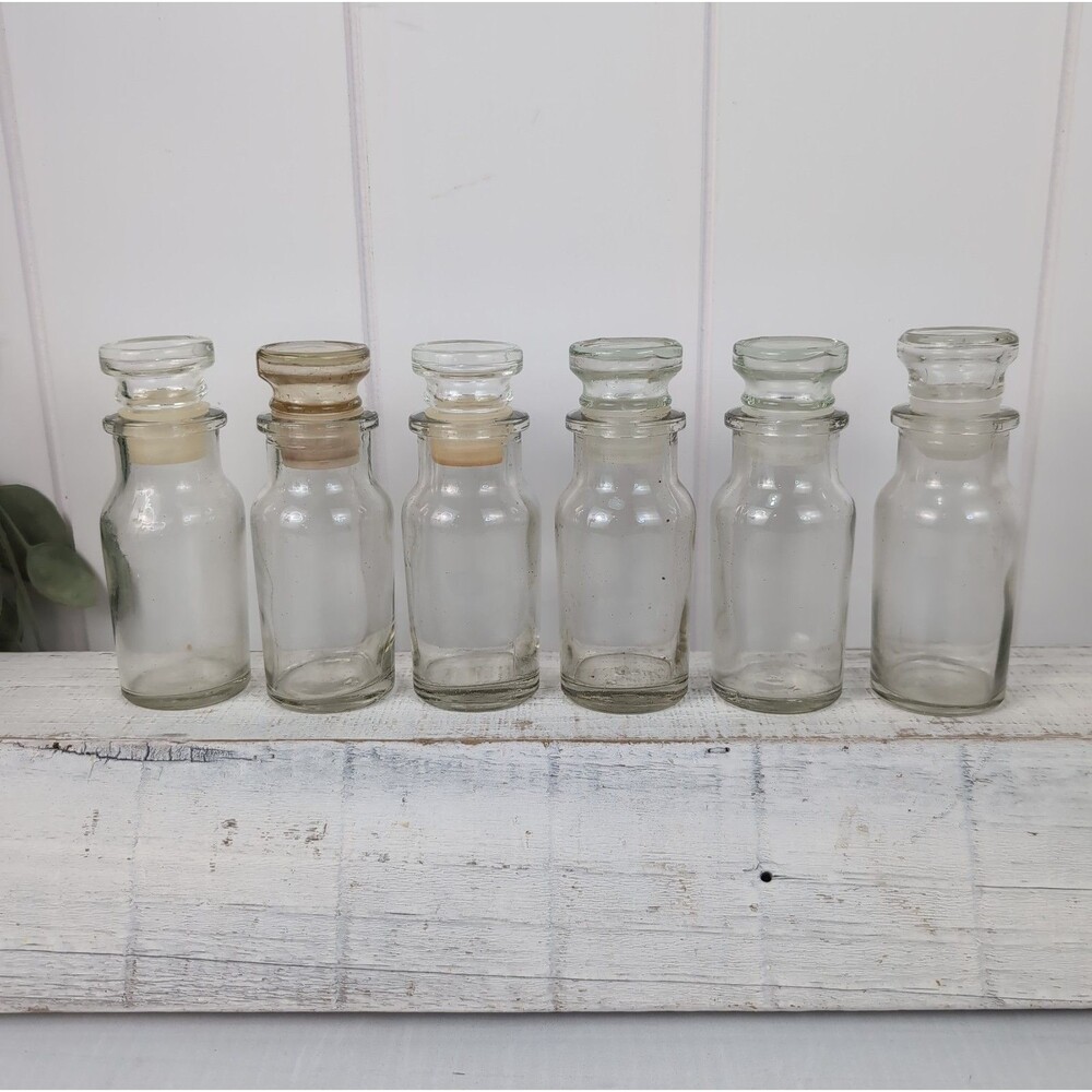 Set of 6 Vintage Clear Glass Apothecary Jars with Stoppers Spice Jars